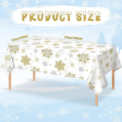 12Pcs Christmas Snowflake Party Tablecloths Decorations,Plastic White and Gold Table Cloth,Winter Rectangle Table Cover for Christmas New Year Birthday Baby Shower Holiday Party Decorations,54x108inch