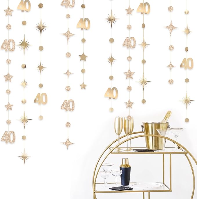 Champagne Gold 40th Birthday Decorations Number 40 Circle Dot Twinkle Star Garland Streamer Banner Backdrop for Women Mens Cheers to 40 Years Old Birthday Happy 40th Anniversary Party Supplies