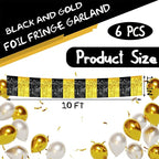6 Pack 10 Feet Black Gold Foil Fringe Garland Metallic Tinsel Streamers Banner Wall Hanging Curtain Backdrop Banner for Parade Floats, Thanksgiving, Christmas, Birthday, Halloween Party Decorations