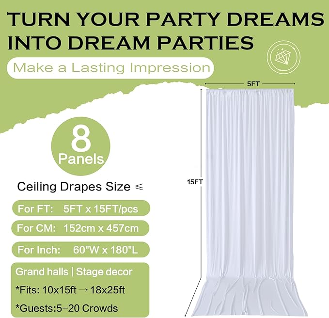 PartyVillage 40ft×15ft White Backdrop Curtain for Wedding Parties, 8 Panels Wrinkle Free 15 FT Long Polyester Photo Backdrop Drapes Back Drop Cloth for Birthday Photography Background