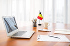 Romania Romanian Deluxe Desk Flag Set Small Mini Miniature Romania Romanian Table Desktop Flags With Solid Pole, Black Base and Spear Top(2 Pack)