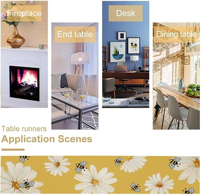 Daisy Flower Table Runner, Summer Spring Seasonal Watercolor Wildflower Yellow Bee Print Table Cover for Home Party Decor Kitchen Dining Table, 13x36inch