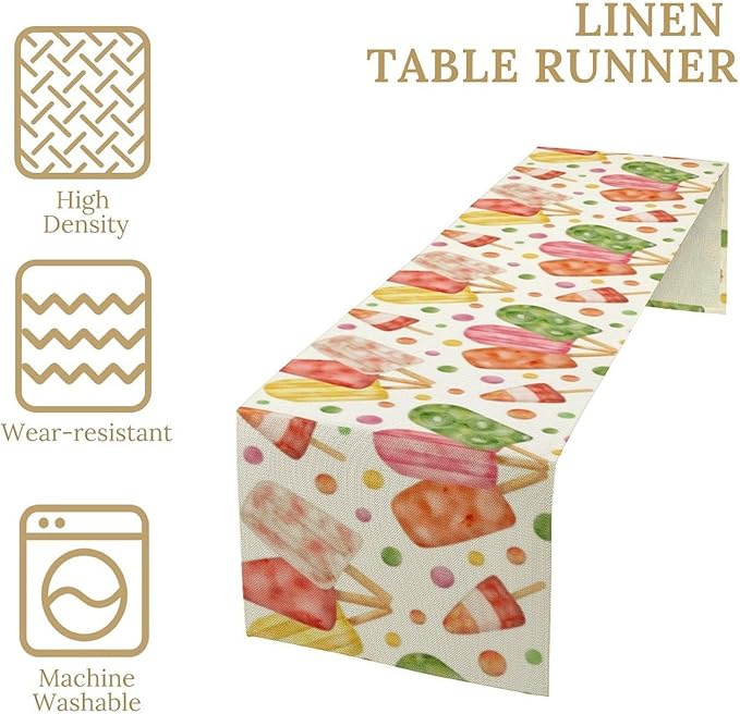 Summer Popsicles Table Runner, Watercolor Colorful Fruit Ice Cream Pops Berry Kiwi Cold Summer Sweet Seasonal Dinner Runner for Party Holiday Home Kitchen Dining Table Decor 13"x70"