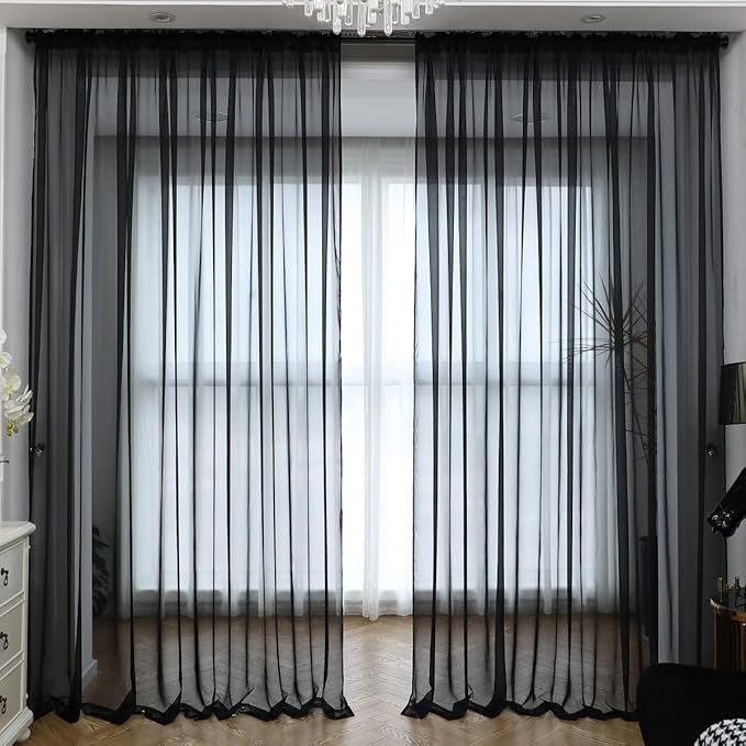 Window Black Sheer Curtains 90 Inches Long 2 Panels Sheer Curtain Basic Rod Pocket Panel for Bedroom Children Living Room Yard Kitchen (Black, 52" W x 90" L | 2 pcs)