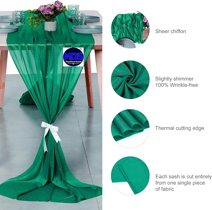 MDS 5 Pack 10ft Chiffon Table Runner 29 x 120 Inches Sheer Wedding Runner Romantic Rustic Table Runner for Wedding Decorations, Birthday Parties, Bridal Shower Party Arch Decor - Emerald Green