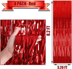 4 Pack Red Foil Fringe Curtain Backdrop, 3.28Ft x 8.2Ft Metallic Tinsel Foil Fringe Streamer for Party, Photo Booth Props, Birthday, 2022 Mother's Day Decoration Party Supplies