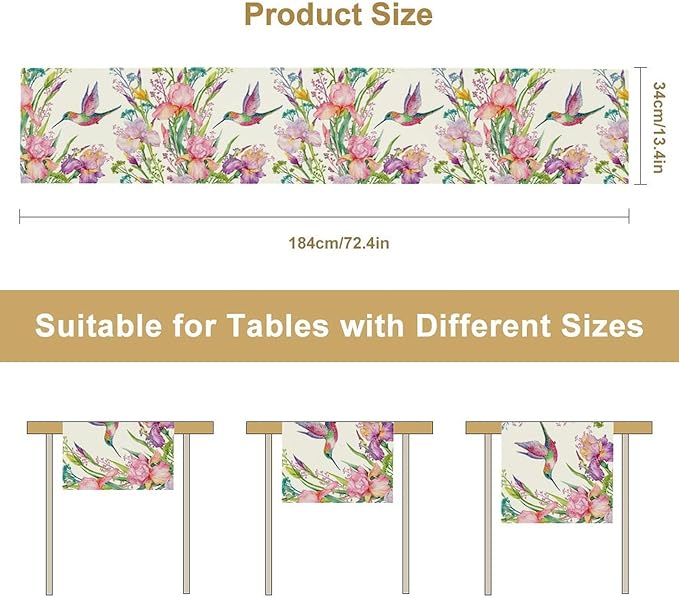 Hummingbird Table Runner,Pink Floral Country Style Table Runner for Kitchen Dining Table Home Party Decoration 13x120 Inch