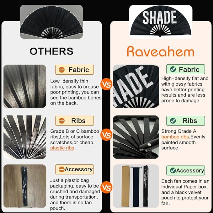 UV Glow Rave Fan, Bamboo Folding Clack Hand Fans Foldable for Men Women, Boots on the Ground Poping Fan for EDM Festival Line Dance Decoration, (Shade Pattern, Large 13")