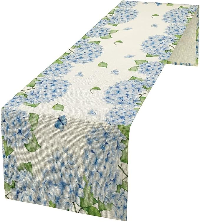 Watercolor Hydrangea Flower Table Runner, Spring Summer Seasonal Plants Butterfly Blue Dinner Runner for Home Kitchen Dining Table Party Holiday Decoration 13"x70"