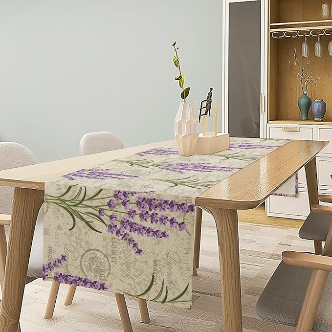 Floral Lavender Table Runner,Vintage Rustic Country Romantic Purple Flower Pattern Print Burlap for Hotel Indoors Outdoor Dining Room Kitchen Home Decor, 13x80in