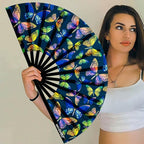 UV Glow Rave Fan, Bamboo Folding Clack Hand Fans Foldable for Men Women, Boots on the Ground Poping Fan for EDM Festival Line Dance Decoration, (Butterfly-1, Large 13")