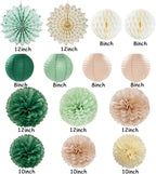 Olive-Sage Green Champagne-Gold Party-Decorations Lanterns - 14pcs Rustic Wedding Paper Fan Streamers,Tissue Pom Poms Honeycomb,Boho Bachelorette Neutral Baby Shower Birthday Bridal Decor Ouruola