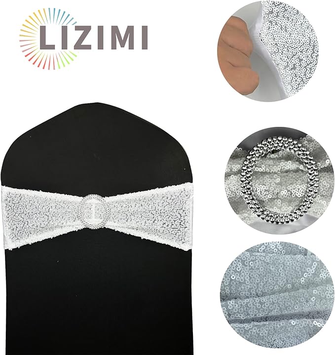 50 Pcs Chair Sashes Sequin Stretch Chair Bands Spandex Polyester Bows for Party Hotel Wedding Banquets Decoration - White