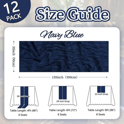 12 Pack Navy Blue Cheesecloth Table Runner 10ft Boho Gauze Fabric Cheese Cloth Table Runner 35 x 120 Inch Rustic Sheer Runner for Romantic Wedding Decor Baby Shower Party Table Centerpiece Decoration