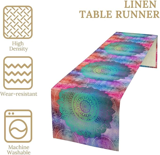 Green Mandala Table Runner, Bohemian Vintage Colorful Exotic Colorful Floral Print Table Runner for Wedding Dining Table Holiday Party Kitchen Home Decor, 13x70inch