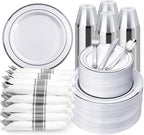 BESTVIP 700PCS Silver Plastic Dinnerware Set for 100 Guests, Disposable Plates for Party, Include: 200 Plastic Plates, 100 Pre Rolled Napkins with Silver Silverware, 100 Cups for Christmas, Halloween