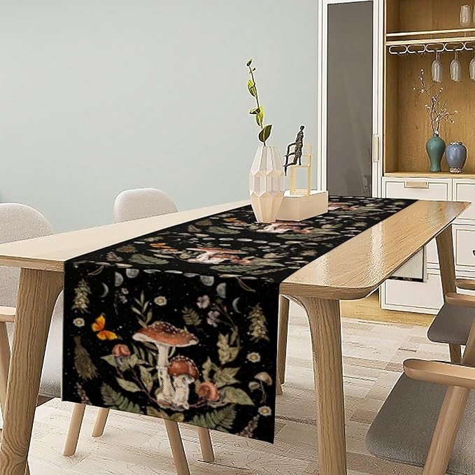Mushroom Kitchen Table Runner, Boho Vintage Wild Flower Gothic Witchy Moonlit Forest Plant Table Runner for Bedroom Living Room Kitchen Dinner Table, 13x70 Inch