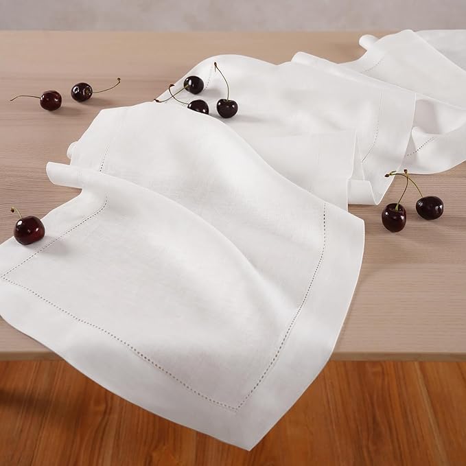 Linen Table Runner 90 inches Long – Hemstitch 100% Pure Linen White Dining Table Runner 14 x 90 Inch for Spring, Summer, Wedding Decorations, Gift – Elara