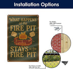 Funny Firepit Metal Sign - "What Happens at the Firepit" Outdoor Wall Decor for Patio, BBQ, Grill, or Campsite - Great Gift for Campers & Dads - 8" x 12"