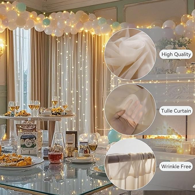 10×10ft Tulle Backdrop Curtains with Lights String - 300LED Fairy Lights Sheer Curtain Backdrop for Weddings Baby Shower and Birthday Party Decorations(6 Panels 5×10ft)