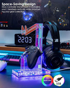 OAPRIRE Headset and Controller Stand with Lights, 2 Tier Acrylic Game Controller Holder, Controller and Headset Stand for Desktop,Universal Design Compatible with PS5/PS4/XBOX/SWITCH (Clear)