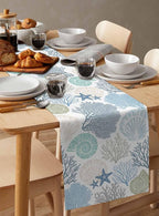 Coastal Coral Cotton Linen Table Runner for Dining Kitchen, Wedding Outdoor Party Tablerunners Decoration, Blue Nautical Starfish Ocean Shell Beach Dresser Scarf Coffee Tablecloth Runners 13x72 Inches