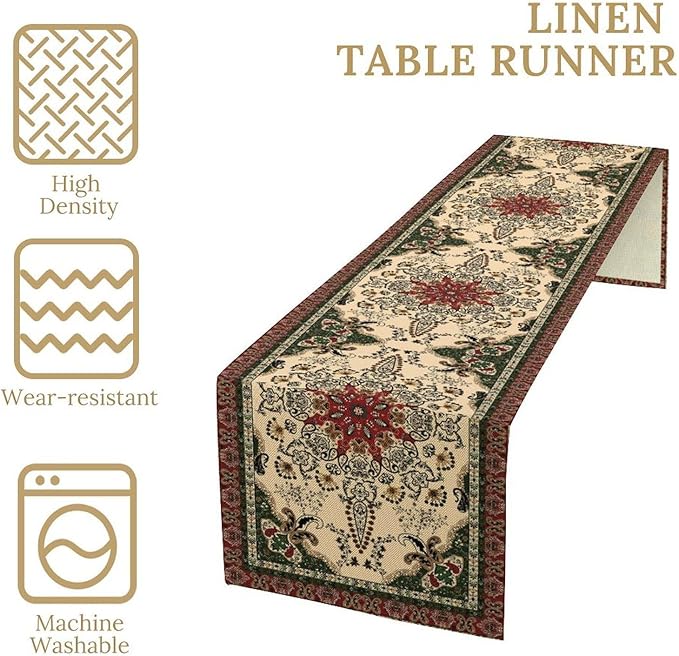 Vintage Paisley Bohemian Table Runner Beige Red Rustic Farmhouse Home Kitchen Table Dining Coffee Room Garden Party Wedding Decor 13x120in