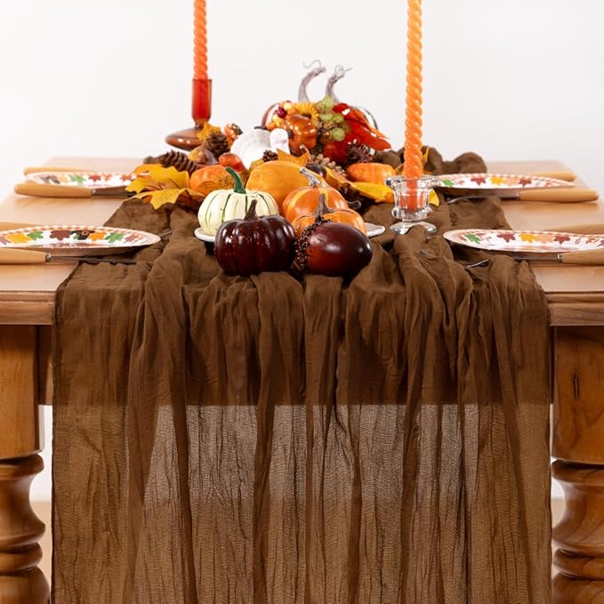 Brown Cheesecloth Table Runner Tan Fall Table Runner Boho Gauze 120 Inches Marron Cheese Cloth Fall Table Decorations for Thanksgiving Wedding Bridal Baby Shower Tea Party Decor