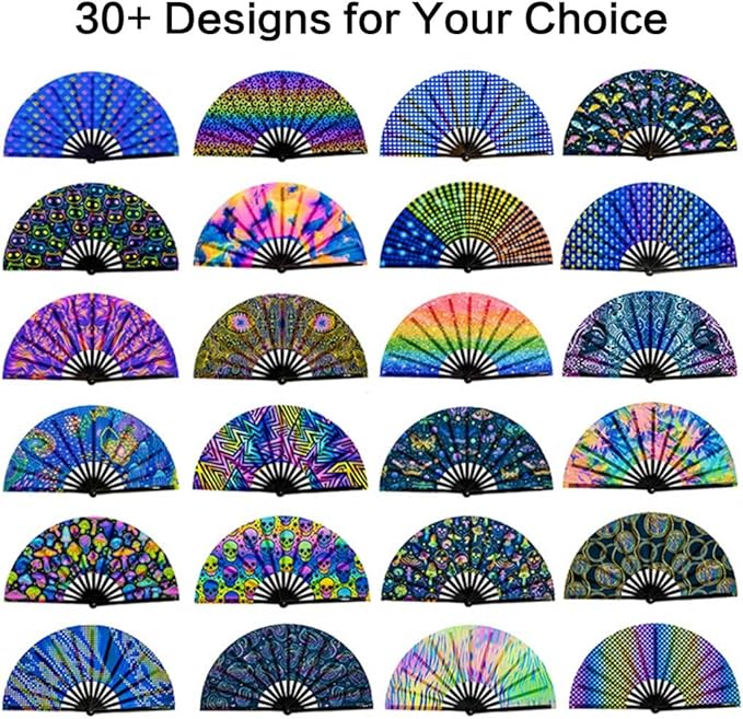 UV Glow Rave Fan, Bamboo Folding Clack Hand Fans Foldable for Men Women, Boots on the Ground Poping Fan for EDM Festival Line Dance Decoration, (Alchemical Signs, Large 13")