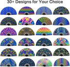 UV Glow Rave Fan, Bamboo Folding Clack Hand Fans Foldable for Men Women, Boots on the Ground Poping Fan for EDM Festival Line Dance Decoration, (Waves-2, Large 13")