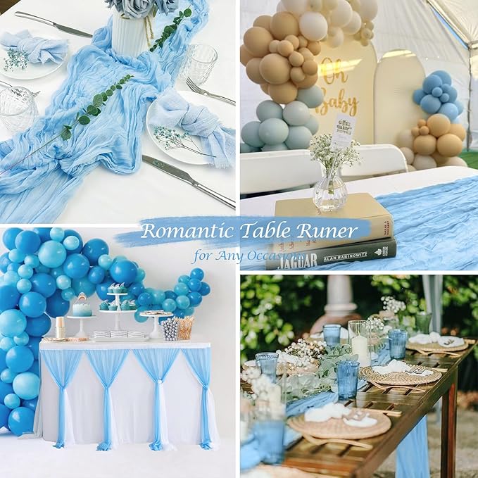 6 Pack Baby Blue Cheesecloth Table Runner 120 inch Gauze Cheese Cloth Table Runner Light Blue 10FT Boho Sheer Runner for Wedding Party Baby Shower Birthday Boy's Room Home Decor