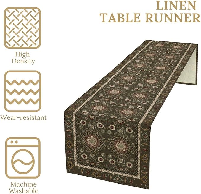Vintage Boho Floral Table Runner, Rustic Country Farmhouse Brown Bohemia Flower Pattern for Home Kitchen Table Decor Dining Coffee Room Party Decor 13x36in