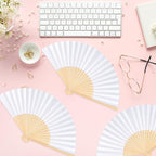 24 Pieces White Hand Held Bamboo Folding Fans Paper Fans Handheld for Women Foldable Girls Wedding Decoration Church Home Party Favors Summer