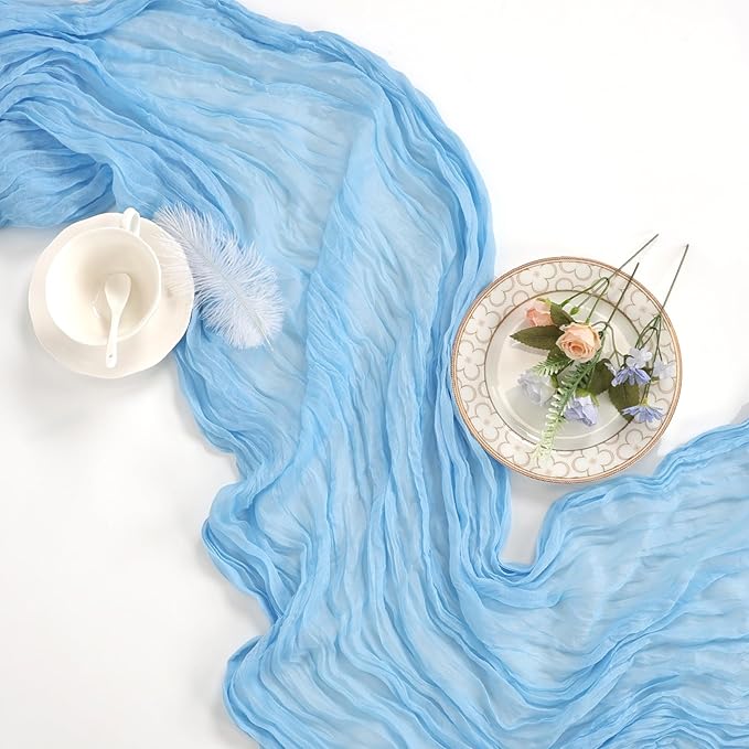 6 Pack Baby Blue Fall Table Runner 10ft Boho Gauze Fabric Cheesecloth Table Runner 35 x 120 Inch Rustic Sheer Runner for Romantic Wedding Decor Baby Shower Party Table Centerpiece Decorations