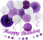Purple Lilac-Lavender White Women Birthday Party-Decorations - 21pcs Happy Banner,Paper Lanterns,Tissue Pom Poms Flower Fan,Honeycomb Ball,Hanging Streamers Garland, Girls Decor Supplies Huglony