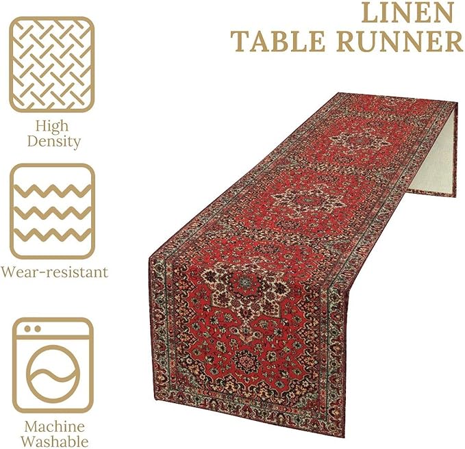 Vintage Boho Floral Table Runner, Rustic Country Farmhouse Red Black Retro Flower Pattern for Home Kitchen Table Decor Dining Coffee Room Party Decor 13x120in
