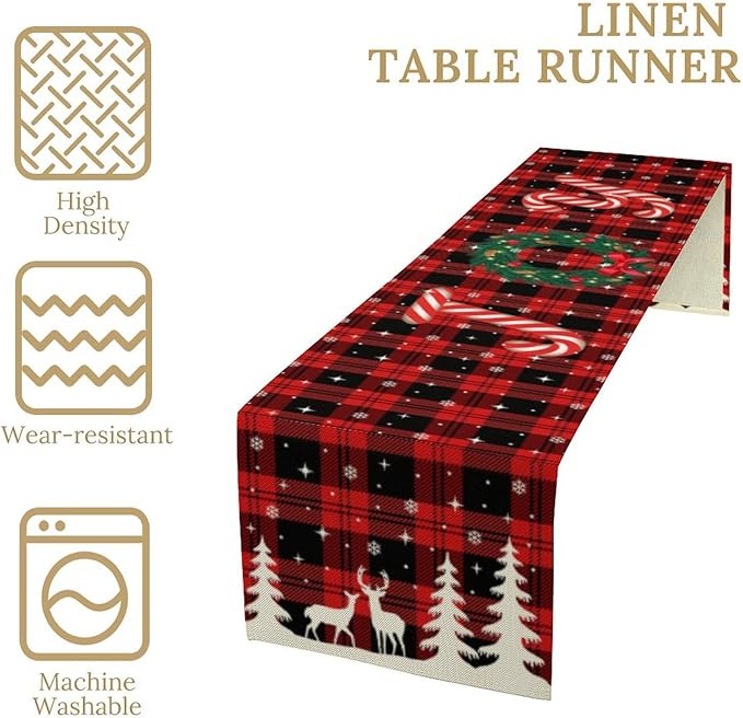 Christmas Table Runner, Red Winter Xmas Holiday Table Cloth Kitchen Dining Table Decoration for Home Party Decor 13x60 Inch