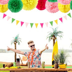 Hawaiian Pink Green-Yellow Party-Decorations - 20pcs Aloha Paper Lanterns Fans,Tissue Pom Poms,Honeycomb Balls,Tropical Pool Jungle Bachelorette Birthday Supplies Summer Beach Burgleda