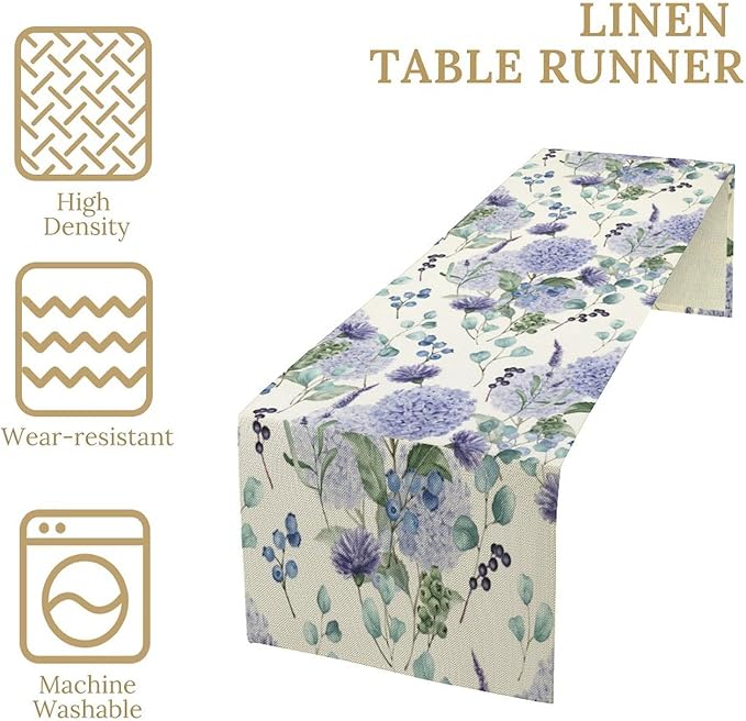 Spring Hydrangea Flower Table Runner, Seasonal Summer Plants Watercolor Eucalyptus Leaves Purple Florals Dinner Runner for Home Kitchen Dining Table Party Holiday Decoration 13"x60"