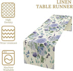 Spring Hydrangea Flower Table Runner, Seasonal Summer Plants Watercolor Eucalyptus Leaves Purple Florals Dinner Runner for Home Kitchen Dining Table Party Holiday Decoration 13"x90"