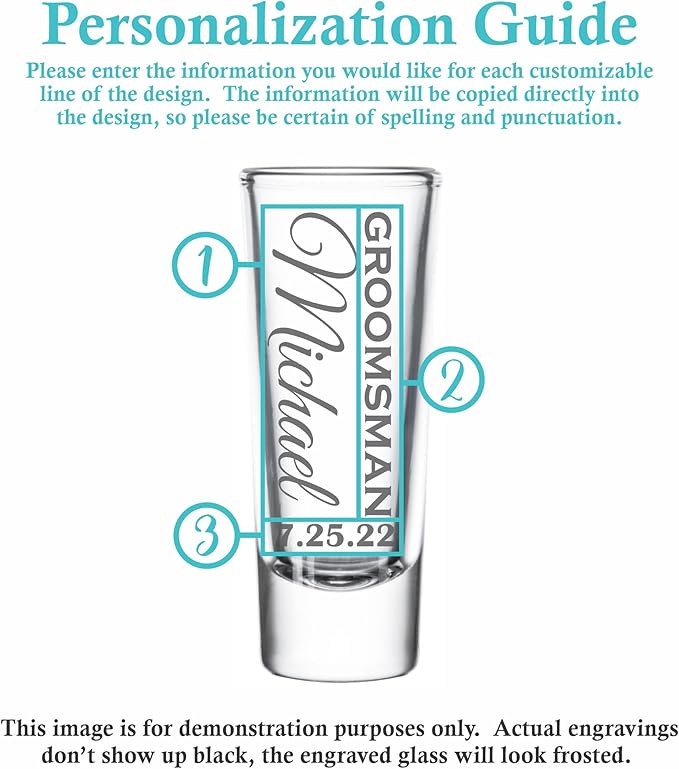Custom Engraved 2 oz Shot Glass – Personalized Etching – Groomsman & Bridesmaid Gift – Wedding Favor Shot Glasses Set of Six