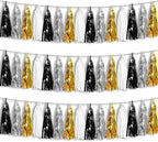 3P Black Gold Silver Foil Fringe Metallic Tassel Garland, Tassels Banner Streamers for Parade Floats, Bachelorette, Wedding, Birthday, Halloween, Christmas, Bridal/Baby Shower Party Decorations
