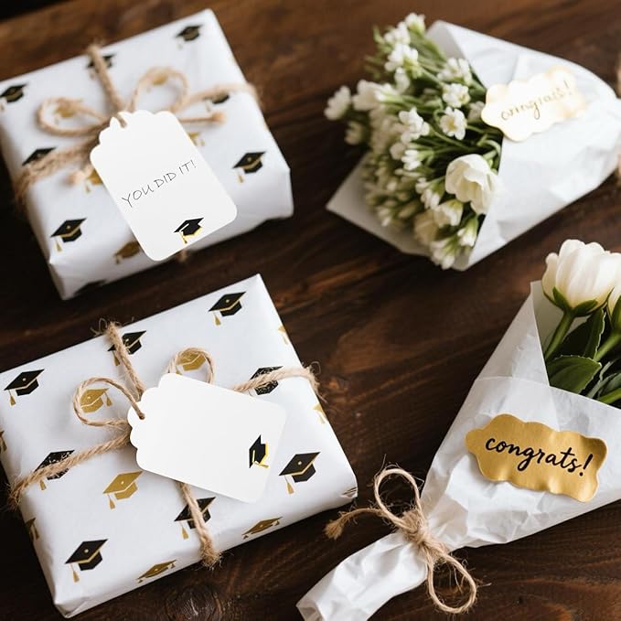 100Pcs Blank Gift Tags with String Foil Black Gold Grad Cap Large Paper Gift Tags with 65 Ft Jute Twine for Congratulations Graduation Congrats Grad Class of 2025 Party