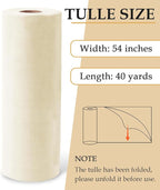 Ivory Tulle Fabric Roll, 54" x 40 Yards (120FT) Tulle for Wedding Decoration Christmas Gift Wrapping DIY Tutu Party Backdrop Baby Shower Table Skirts