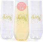 Prestee 24 Pack Stemless Plastic Champagne Flutes - 9 Oz Disposable Cheers Toast Cups for New Years Eve - Shatterproof Drinkware for Cocktails, and Mimosa Bar Supplies