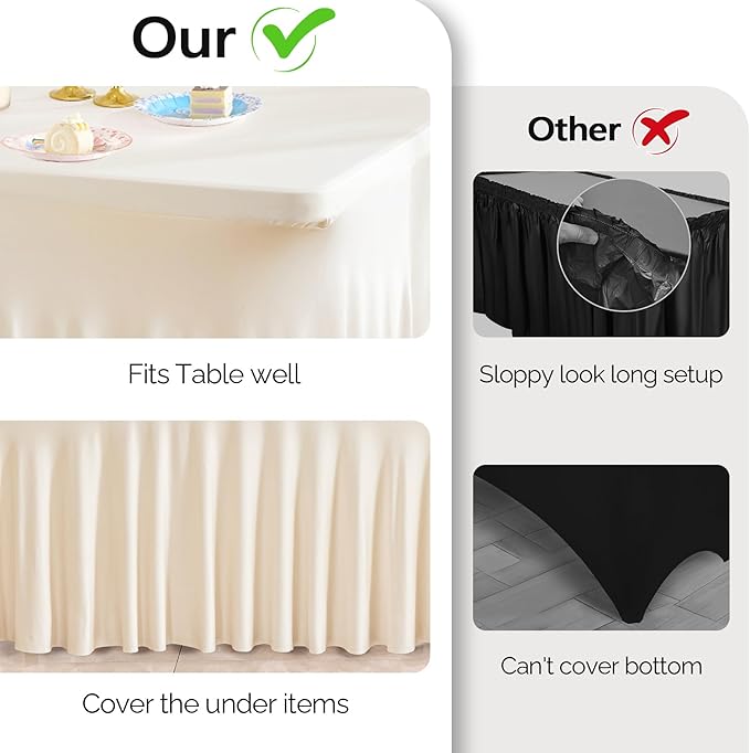 Wish Care 2 Pack Ivory Spandex Table Clothes for 6 Foot Rectangle Tables, 6FT Wrinkle Free Fitted Tablecloths Ruffles Design Table Cover for Party, Banquet, Wedding and Events