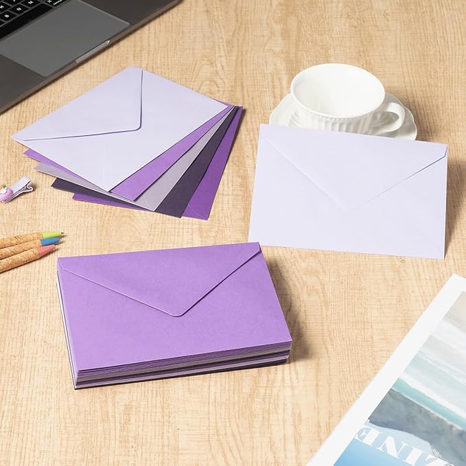 50 Pack Colored A7 Invitation Envelopes 5x7 with Gold Stickers for Cards and Invitations, 5 Colors (Purple, 5 1/4 x 7 1/4 inches)