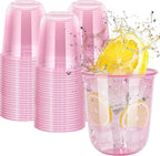 60 Pcs Disposable Stemless Clear Glasses 12 oz NATURAL Arc Crystal Plastic wine glasses Clear Classic Pet Cup for Meeting Weddings Birthdays Cocktail Christmas Party Supplies(Pink)