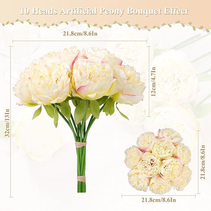 U'Artlines 2 Bouquet 10 Heads Artificial Peony Silk Flower Leaf Home Office Wedding Party Festival Bar Decor (Champagne)