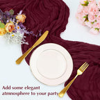 10 Pack Wine red Cheesecloth Table Runner -21*120Inch Long Boho Wedding Table Decor, Rustic Gauze Fabric Runner for Bridal Showers, Baby Showers & Parties (Sheer, Lightweight, Wrinkled Design)